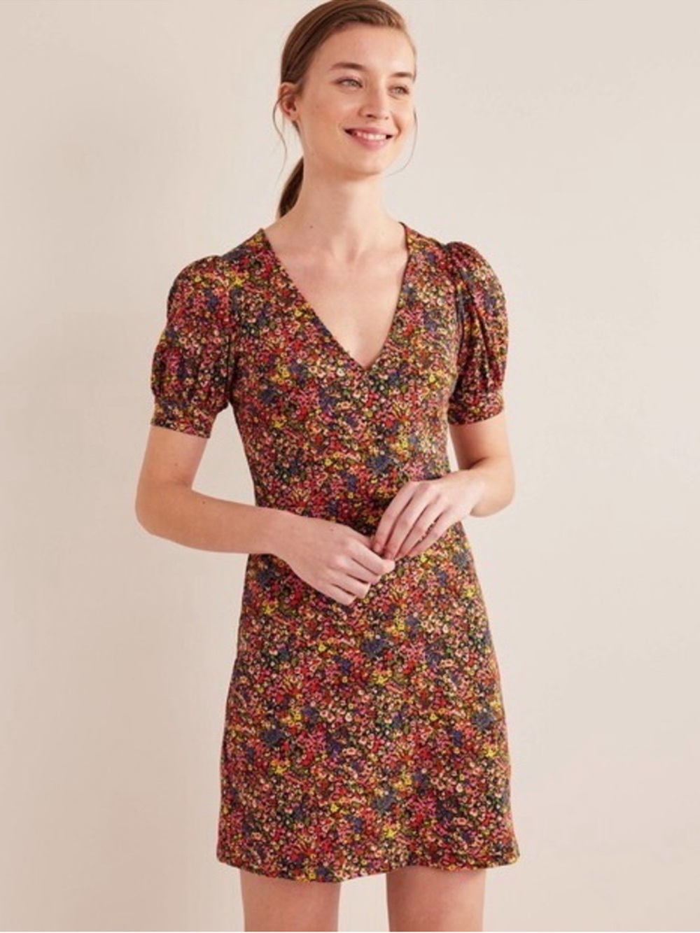 Boden Painted Floral Garden Short Sleeve Mini Cotton Dress
